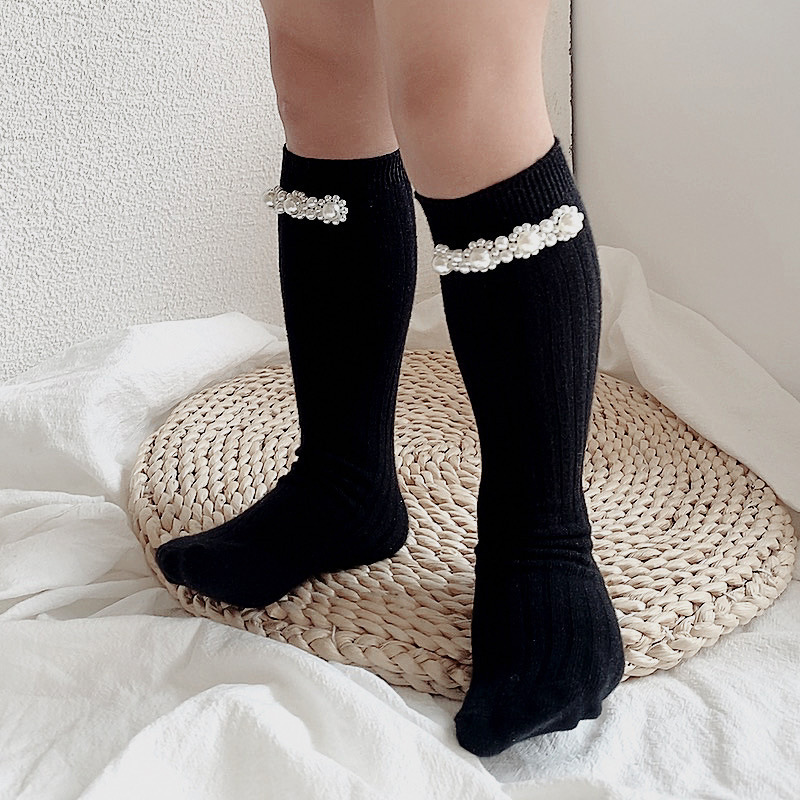 

Socks Children s socks autumn princess Korean pearl medium tube spring and combed cotton girls stockings 221006, Black pearl