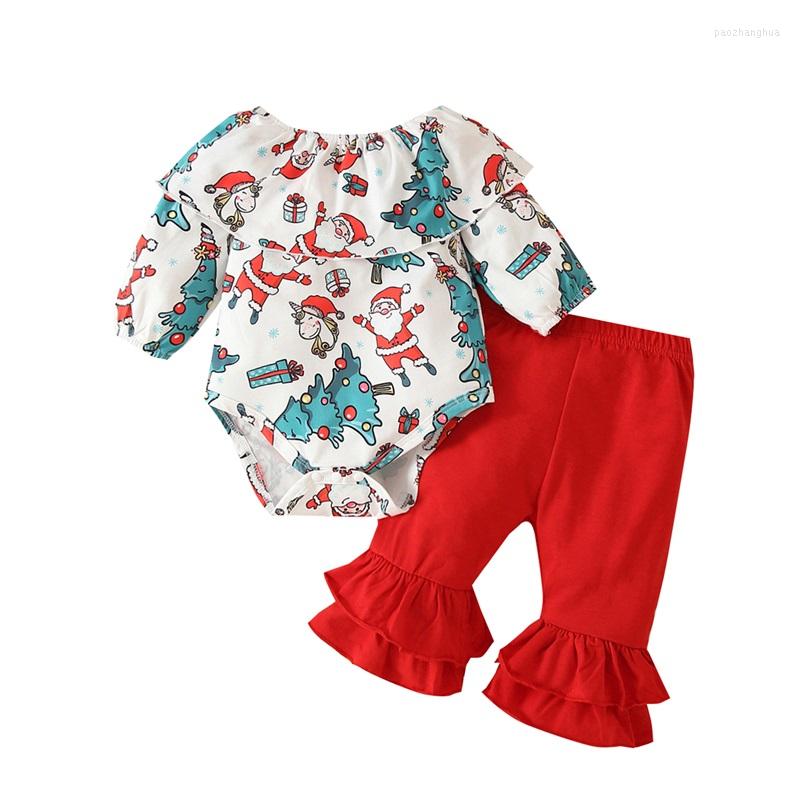 

Clothing Sets Infant Christmas Baby Girls Romper Set Off-shoulder Ruffled Santa Claus Print With Flare Pants, Picture shown