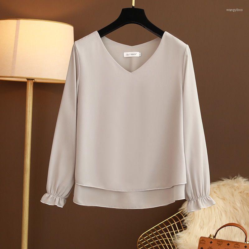 

Women's Blouses Women's & Shirts Spring Autumn Women Chiffon Blouse Loose V-Neck Shirt Female Long Sleeve Oversized Top Blusa, Black