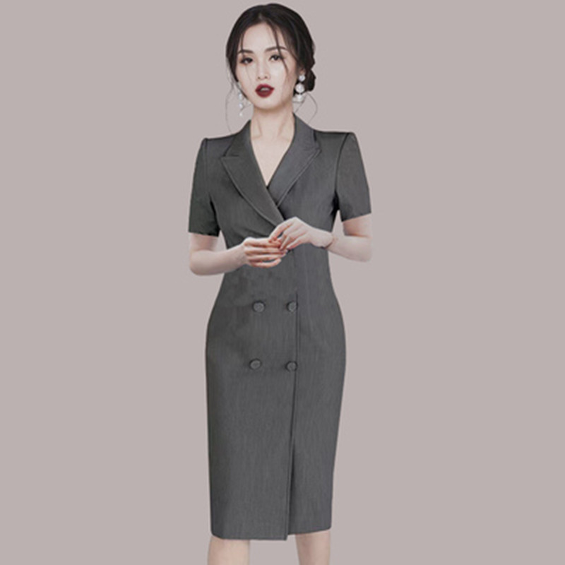 

Work Dresses Women' Fashion OL Occupation Notched Dresses Summer Hepburn DoubleBreasted Short Sleeve Dress Ladies Business Vestidos 221006, Picture color