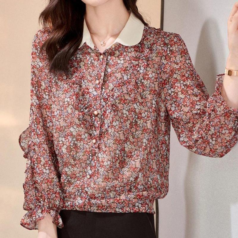 

Women' Blouses 2022 South Korea Spring Women' Floral Shirt Female Bowknot Long-sleeved Chiffon Top Purple Hollow Out, Khaki