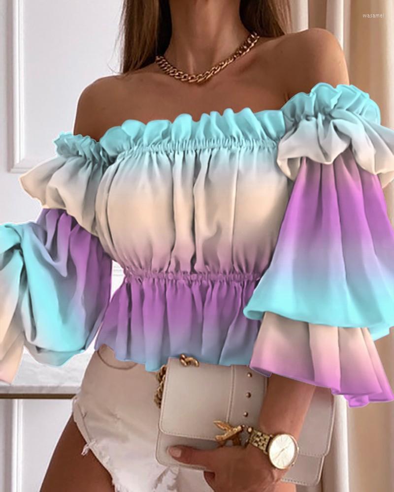 

Women' Blouses Y2K Summer Autumn Women Sweet Print T Shirt Crop Tops Sexy Off Shoulder Loose Ruffle Pleated Elegant Casual Female Blouse, Rose red