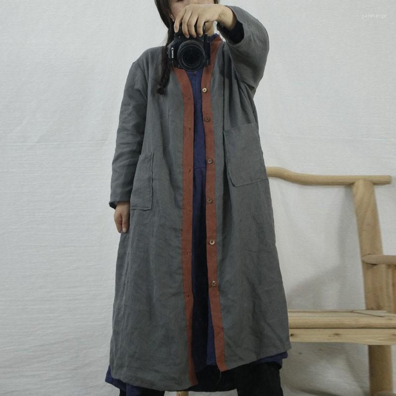 

Women's Trench Coats Johnature Cotton Linen Retro V-neck Single Breasted Fashion Coat 2022 Autumn Simple Comfortable All-match Women, Gray