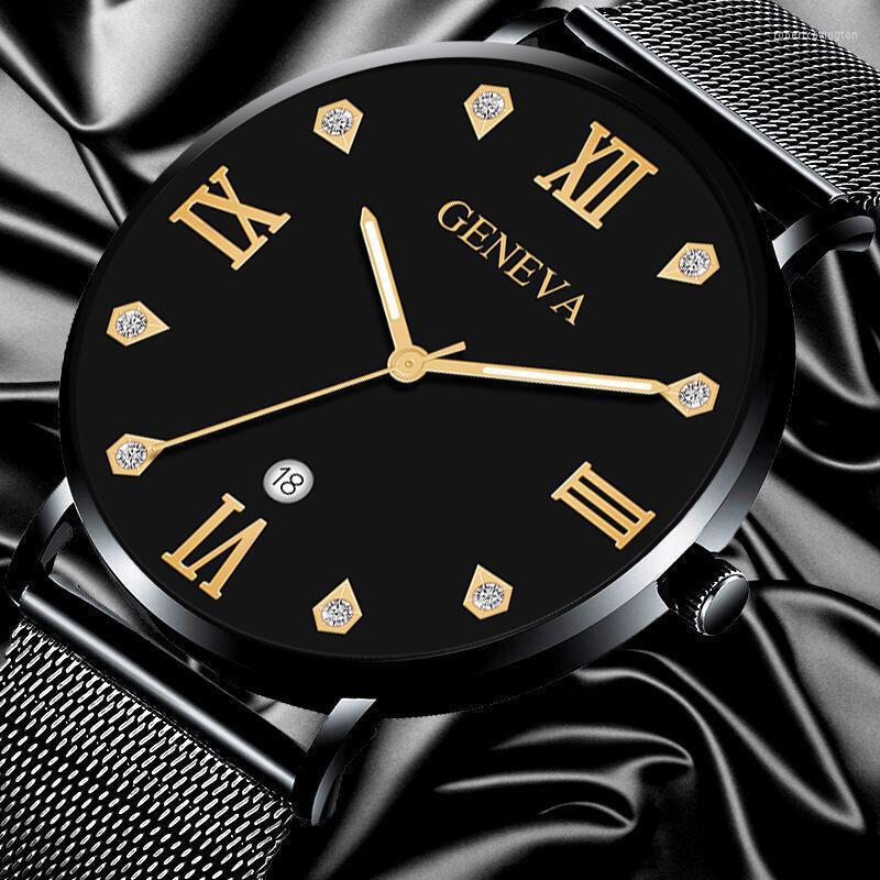 

Wristwatches Geneva Brand Men's Watch Fashion Ultra-thin Diamond Scale Mesh Belt Creative Color Pointer Alloy Business Calendar Quartz, Gold blue