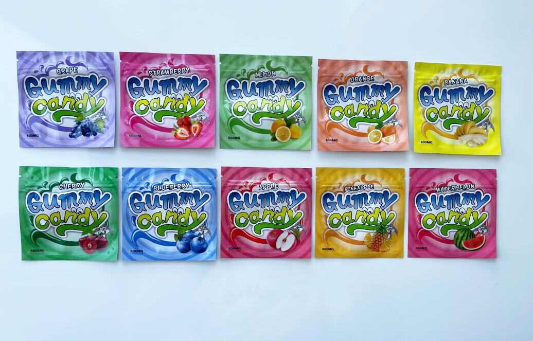 

500MG GUMMY CANDY edible candy plastic mylar packaging bags APPLE BANANA BLUEBERRY CHERRY GRAPE LEMON ORANGE PINEAPPLE STRAWBERRY WATERMELON smell proof pouch sd