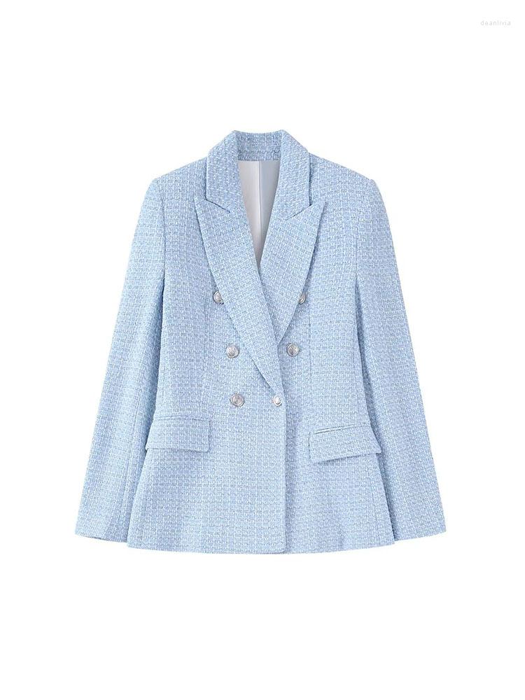 

Women's Suits Textured Double Breasted Blazer Women Summer 2022 Retro Fashion Chic Lapel Long Sleeve Slim Pockets Solid Color Top, As shown