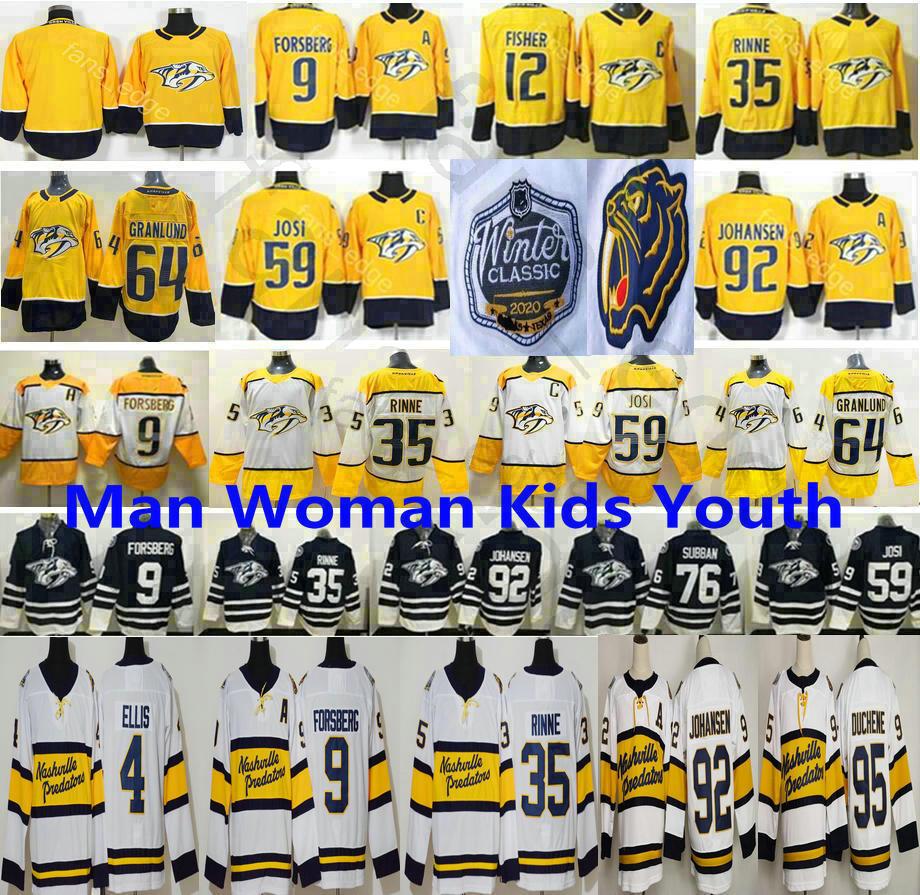 

College Wear 2020 Winter Classic Nashville Predators 9 Filip Forsberg 35 Pekka Rinne 59 Roman Josi 92 Ryan Johansen 64 Granlund 4 Ellis Hock, Women size s-xl