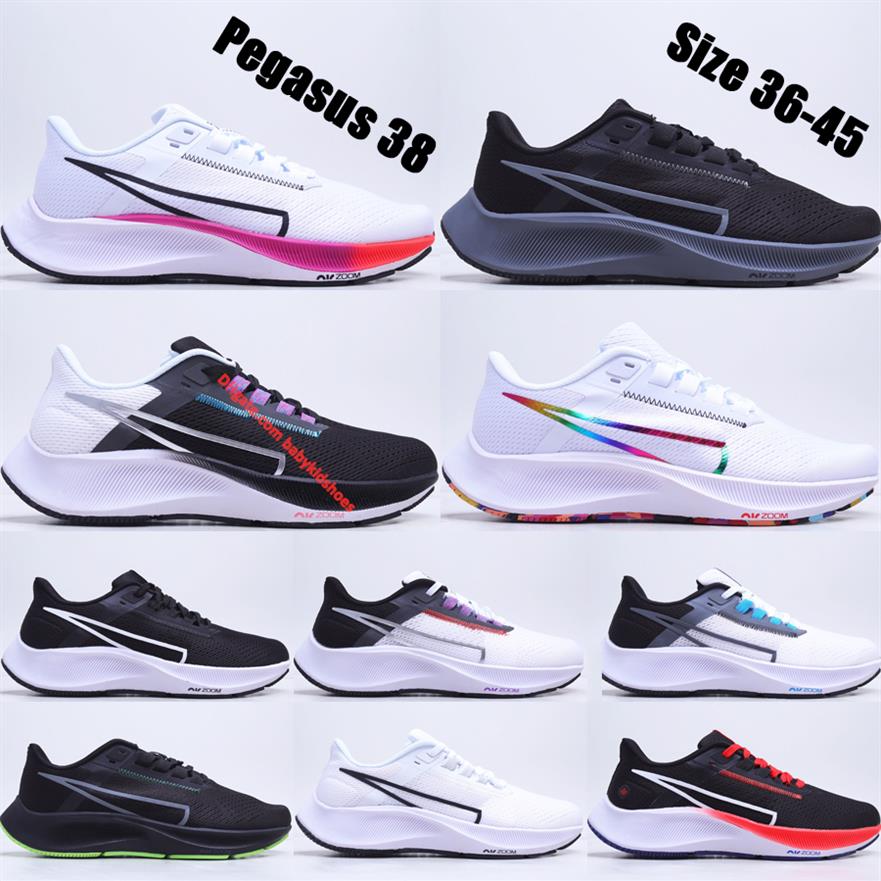 

High Quality Pegasus 38 Marathon Running Shoes 38S White Multi-Color Black Volt Smoke Grey Rainbow Mens Womens Outdoor Tennis Snea314y, Black white