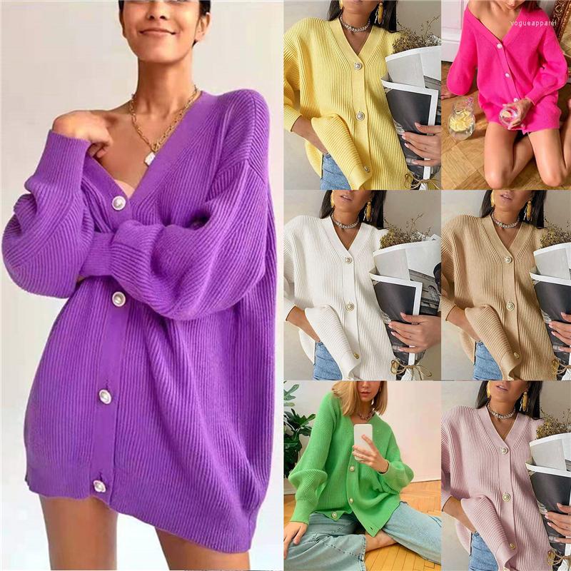 

Women's Knits Casual V-neck Knitted Cardigan Women Buttons Loose Lantern Sleeve Sweaters Female Basic White Autumn Winter Tops