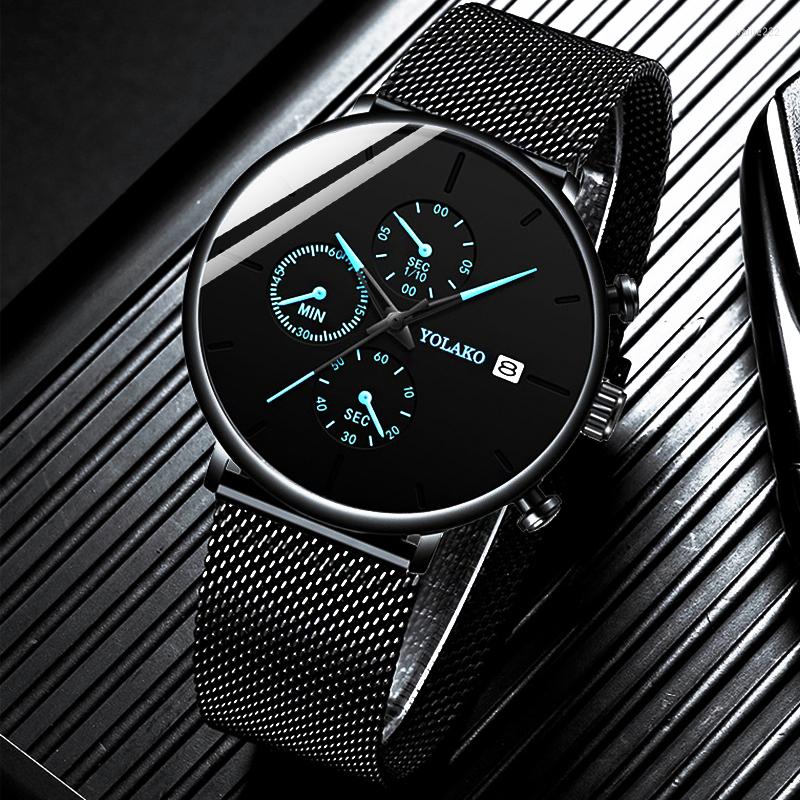 

Wristwatches Reloj Hombre Mens Fashion Watches Stainless Steel Mesh Belt Calendar Quartz Watch For Man Business Casual Clock Montre Homme, L black blue