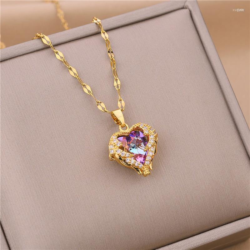

Pendant Necklaces Lucky Zirconia Heart Necklace For Women Cute Senior Jewelry Chain Stainless Steel Birthday Weddings Girl Gifts