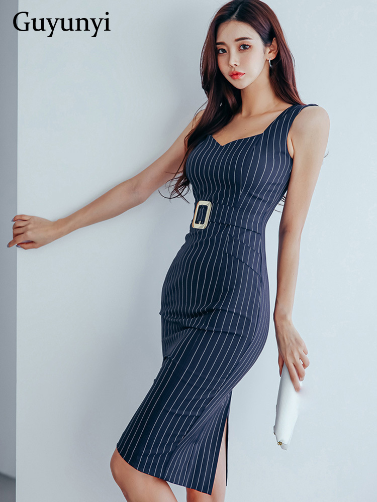 

Work Dresses Stripe Office Lady Sheath Dress Summer Sexy Tank Sleeveless Square Neck High Waist Tight Profession Elegant OL Dress Women 221006, Cx3546