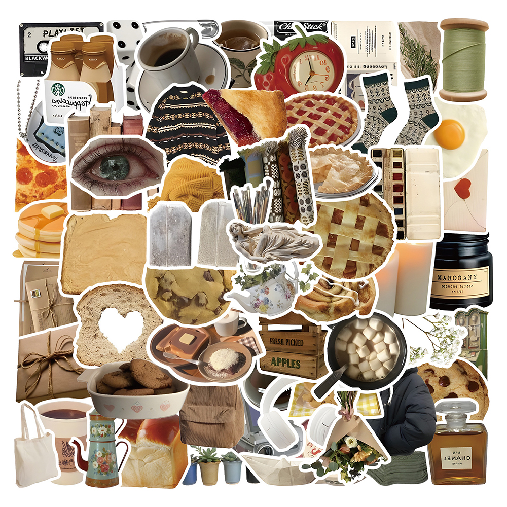 

60pcs Ins Cute Vintage Aesthetic Stickers Cartoon Food Decals Laptop Guitar Phone Scrapbook Luggage Wall Sticker, Multi colors