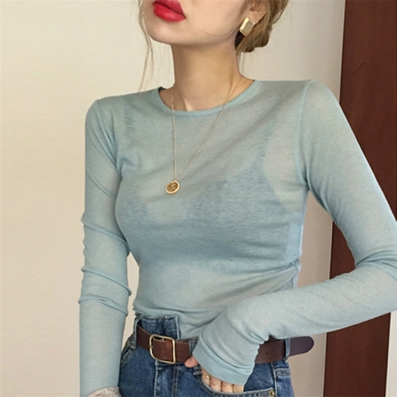 

Women s T Shirt sexy slim high quality plain t shirt women tops spring summer club party see through Transparent long sleeve tee female 220930, White