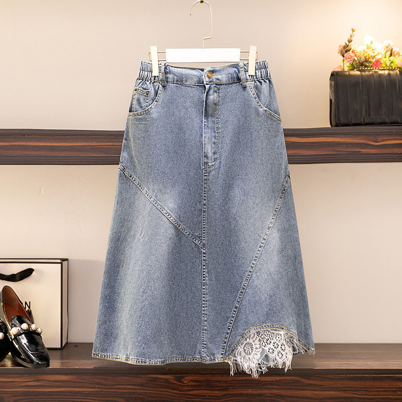 

Plus size Dresses 150Kg Plus Size Women's Summer High Waist Slim Loose Mid Length Lace Aline Denim Skirt Blue Hip 145cm 6XL 7XL 8XL 9XL 221006