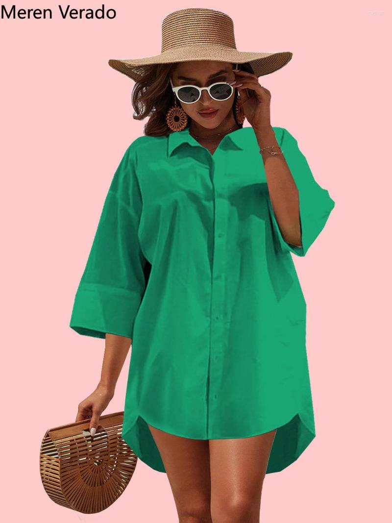 

Casual Dresses Meren Verado Women Three Quarter Sleeve Lapel Collar Single Breasted Shirt Style Dress Streetwear Solid Fashion Vestidos, Red