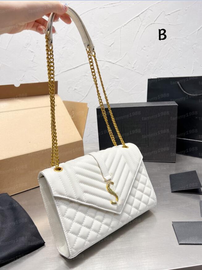 

5A Genuine Real Cowhide leather Designer shoulder bag Envelope Medium Large size women handbags Gold chain classic bag women's luxury handbag 7 colors, 24x16cm black