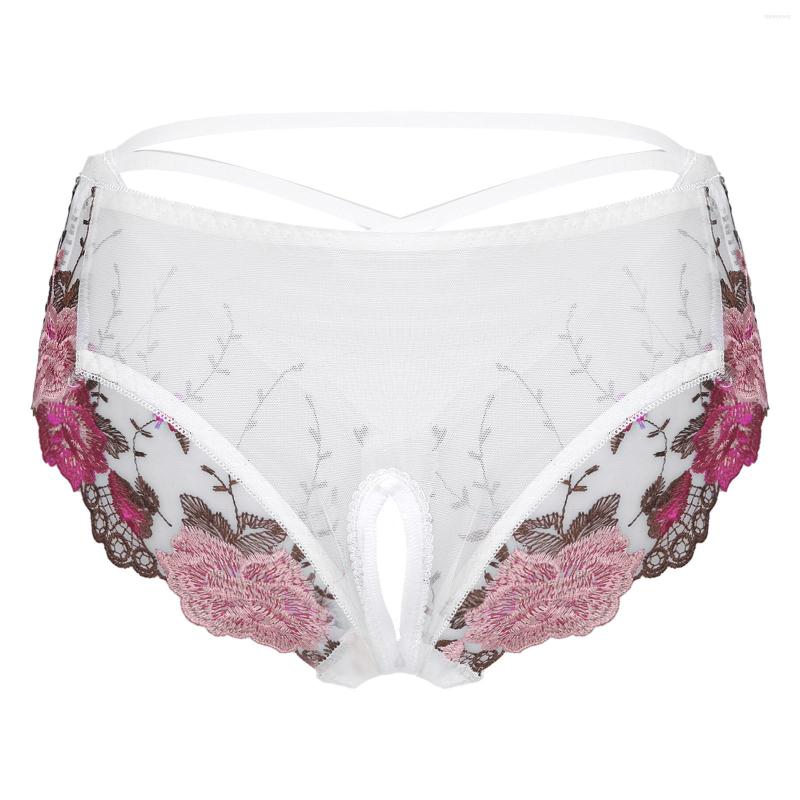 

Women's Panties Women Sexy Breathable See-through Mesh Crotchless Briefs Underpants Low Rise Hollow Out Back Flower Embroidery Underwear, Black