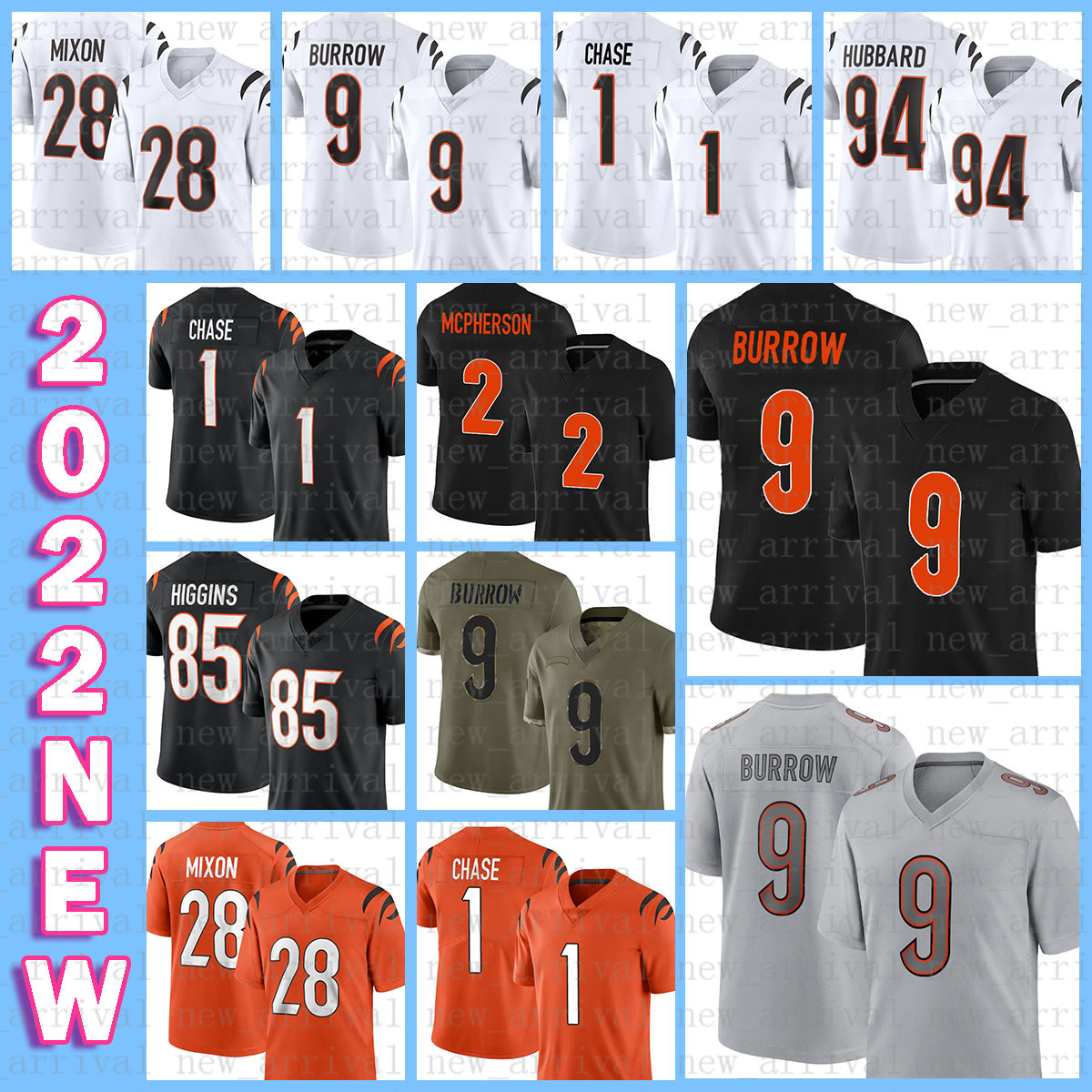 

9 Joe Burrow Bengals Football Jersey Ja'Marr Chase Evan McPherson Tee Higgins Mixon Logan Wilson Trey Hendrickson Jessie Bates III Joseph Ossai Sam Hubbard B.J. Hill, 2021 mens-mh