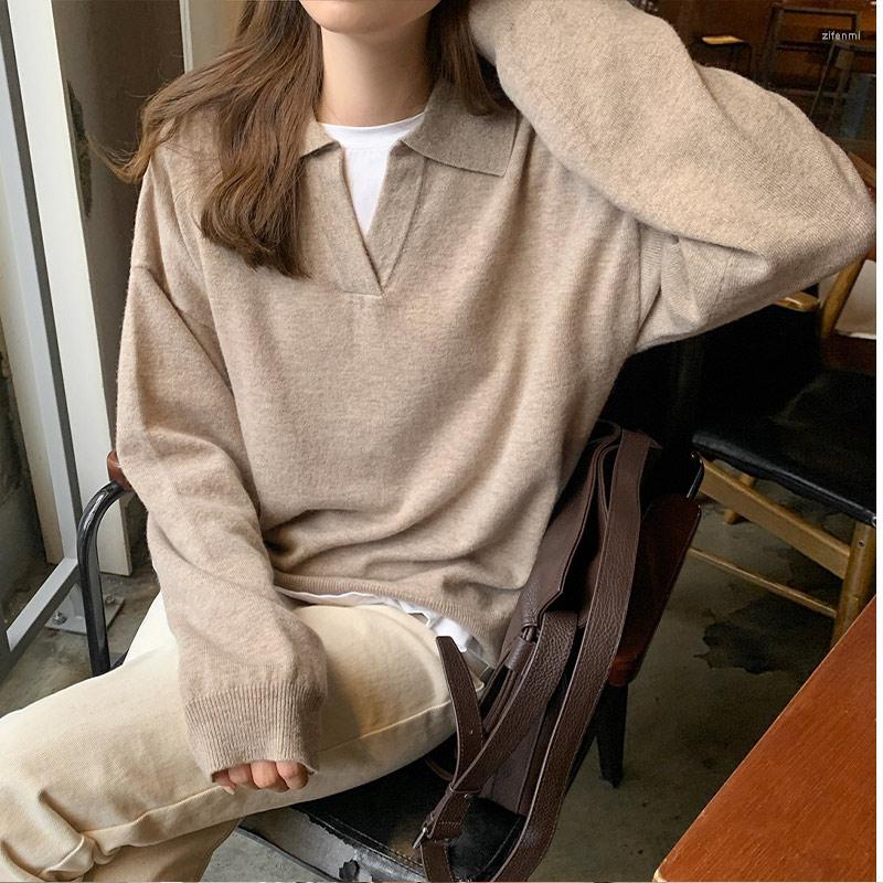 

Women's Sweaters Autumn Women's Ladies Turn-down Collar Oversized Knitted Pullover Korean Loose Casual Women Long-Sleeved Basic Top, Black