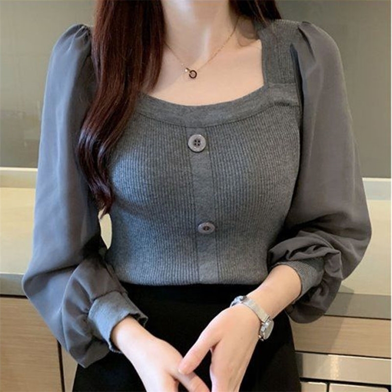 

Women's Sweaters LJSXLS Pull Femme Spring Fashion Square Neck Solid Tops Patchwork Long Sleeve Sweater Women Knitted Pullovers Woman Clothes 221006, White