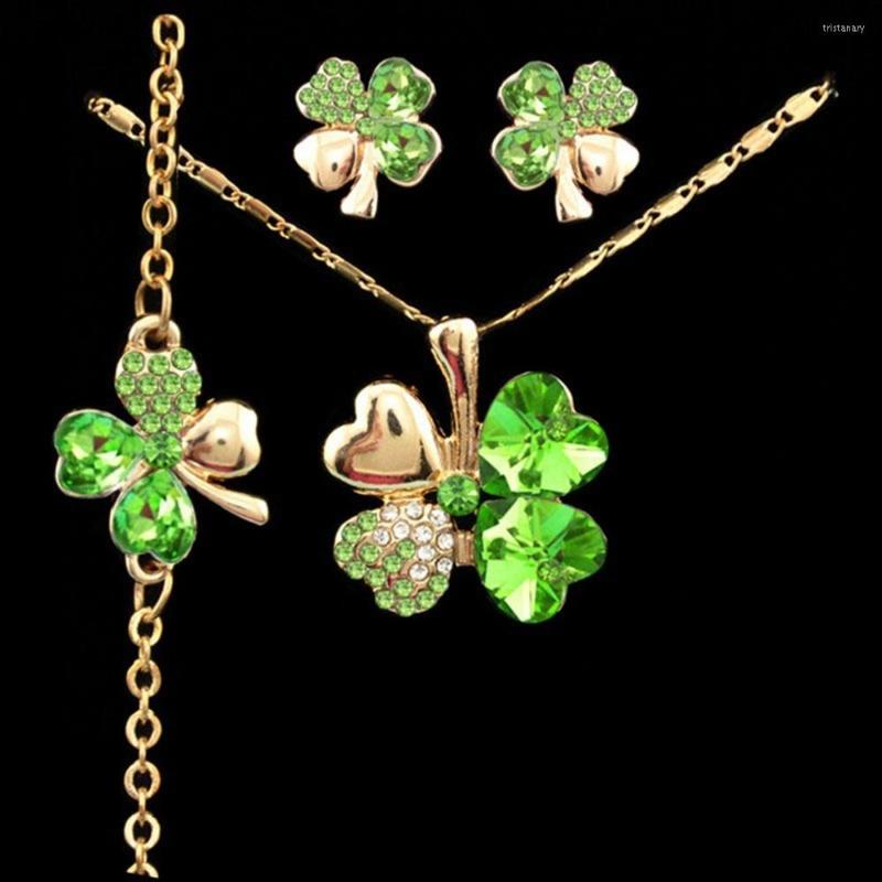 

Necklace Earrings Set Crystal Clover Charm Chain Floating Heart Pendant 4 Leaf Leaves Bracelet, Picture shown