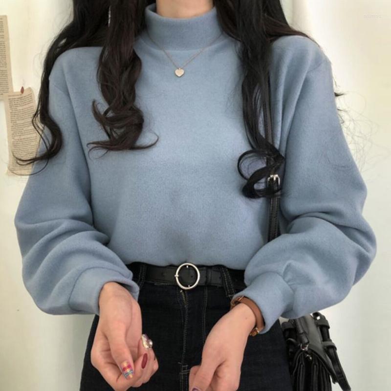 

Women's Hoodies Woman Hoodie 2022 Korean Fashion Elegant Gentle Solid Half High Neck Pullover Loose Puff Sleeves Plus Velvet Sweatshirt, Blue