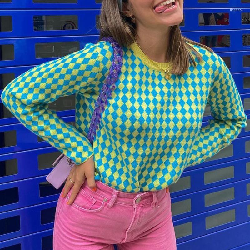 

Women' Sweaters Argyle Plaid Print Y2K Kawaii Knit Women Autumn Winter Long Sleeve Pullovers Tops Casual Cute Jumpers Vintage Green