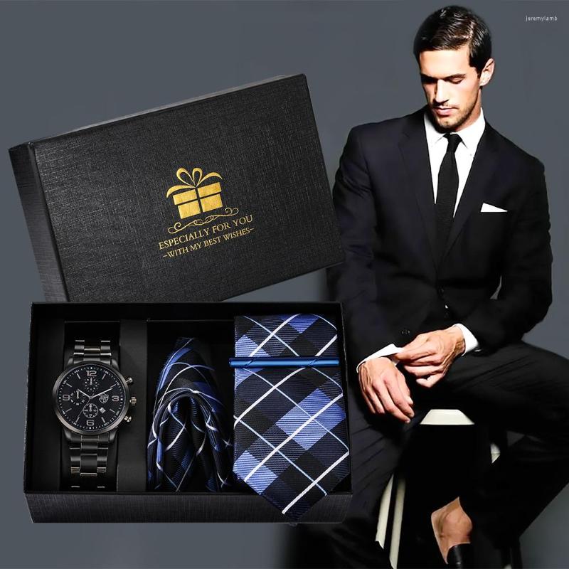 

Wristwatches Stainless Steel Business Quartz Wrist Watch For Men Luxury Fashion Blue Plaid Tie Gift Set 30M Waterproof, Only watch 06