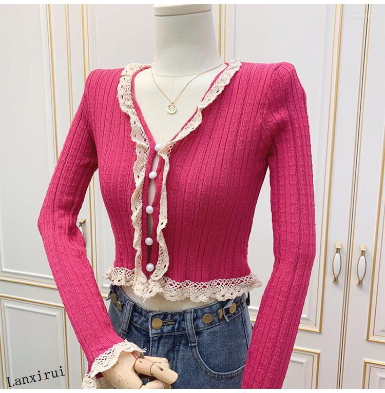 

Women' Knits Sweater Women' Ruffled V-neck Lace Patchwork Cardigan Contrast Color Long Sleeve Knit Top Summer Short Dress & Tees