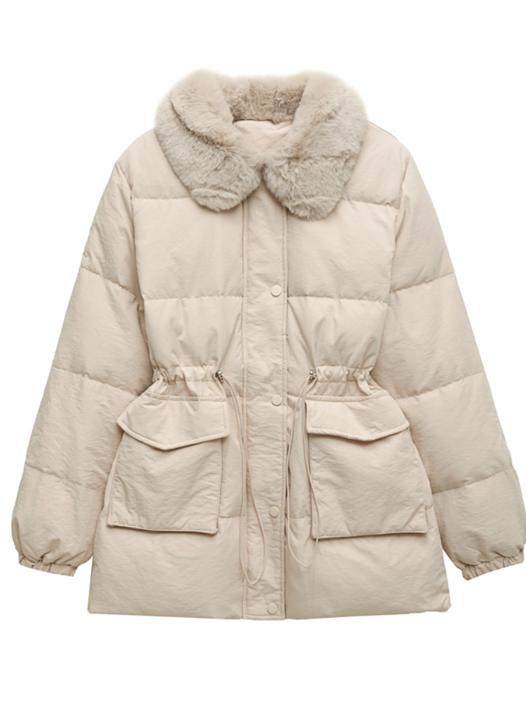 

Women' Down Parkas Auutmn Winter Down Jacket Women Natural Fur Collar White Duck Down Coat Female Midlength Drawstring High Waist Thick Parkas 220930, Beige