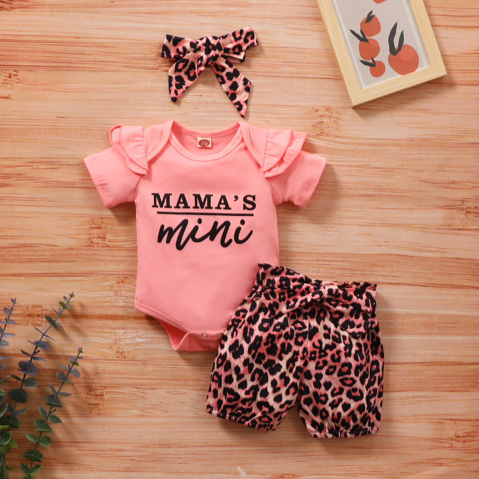 

Summer Infant Baby Girls Clothes set Ruffle Letter Print Short Sleeve Romper Tops Leopard Bloomers Shorts, As picture