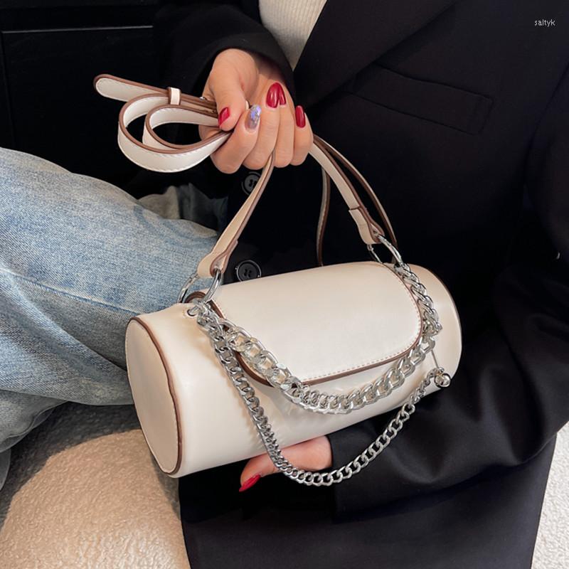 

Evening Bags Quality Leather Cylindrical Messenger Crossbody For Women Fashion Bag Chains Shoulder Solid Ladies Handbags Purses Sac, Black
