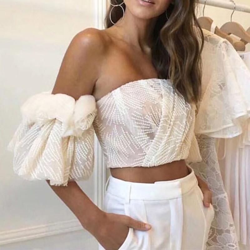 

Women' Blouses High Quality 2022 Summer Slash Sexy Women Top Off The Shoulder Mesh 1/2 Sleeve Blouse, Beige