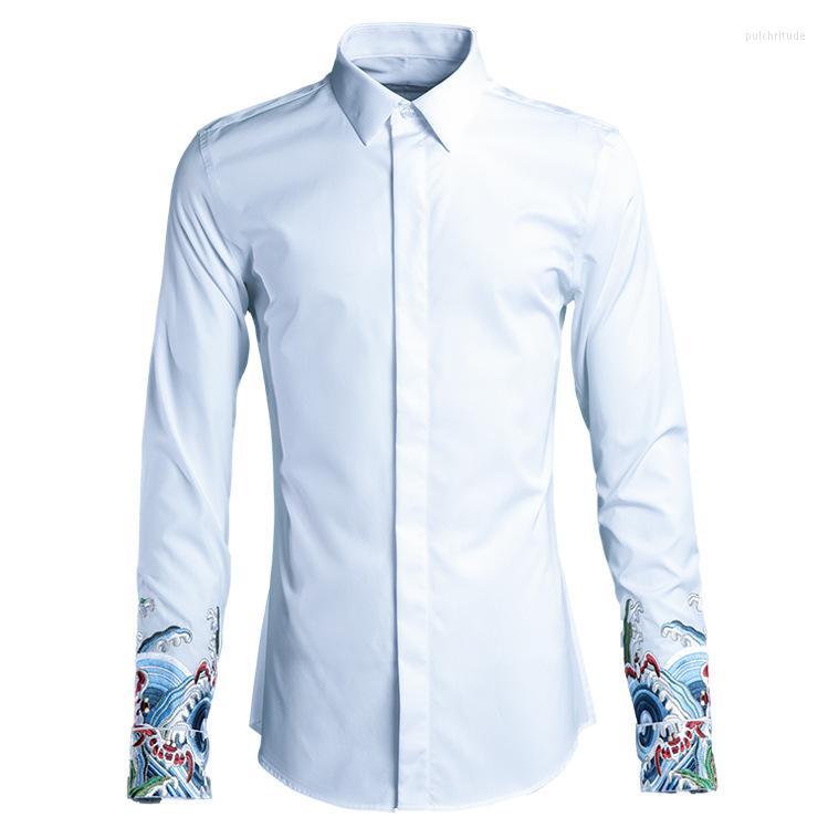 

Men's Casual Shirts Luxury Sleeve Embroidered Men Shirt Fashion White Black Long Dress Trend Mens Slim Fit