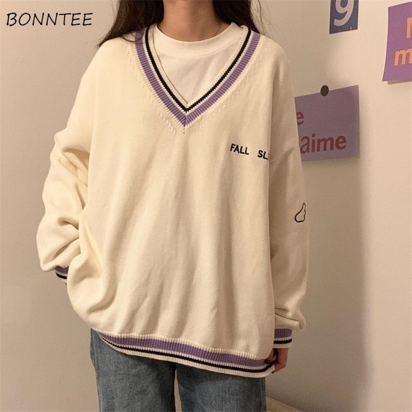 

Women' Sweaters Sweaters Women Ulzzang Letter Chic Vintage V-neck Daily Preppy Girls Knitwear Fall Casual All-match Ins Long Sleeve Clothes Y2k 221006, White