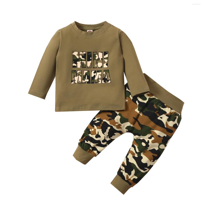 

Clothing Sets 2Pcs Autumn Little Boys Outfit Toddlers Leisure Style Letter Printing Long Sleeve Round Collar Tops Camouflage Pants Set 6M-3T, Picture shown