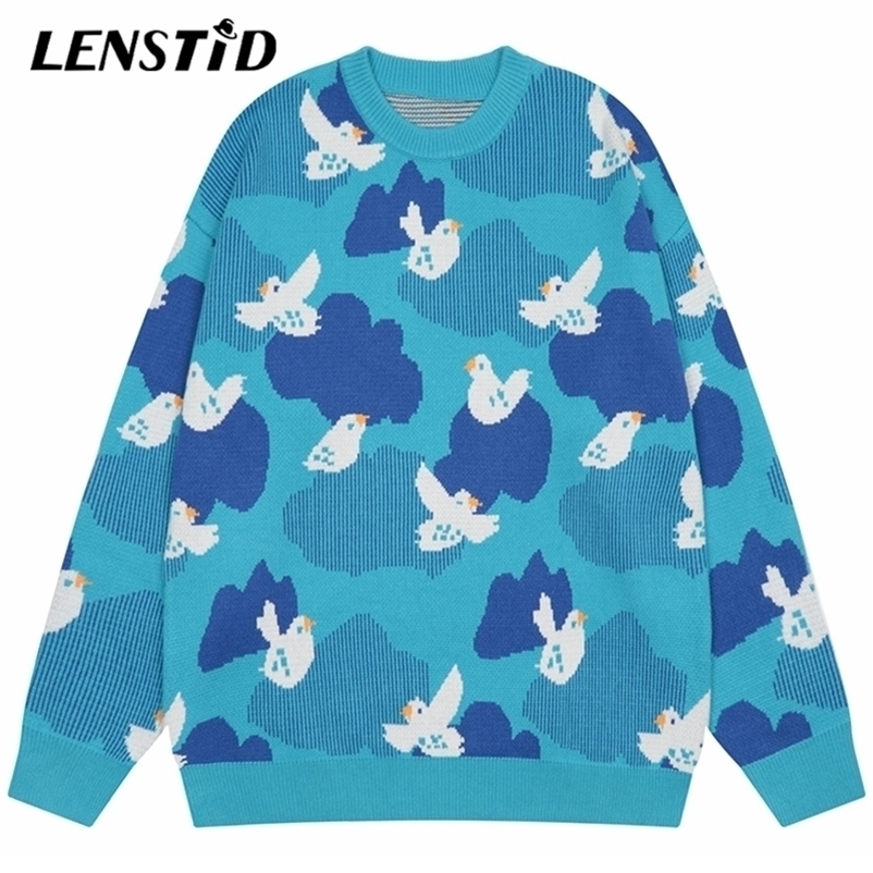 

Men's Sweaters LENSTID Autumn Men Knitted Jumper Hip Hop Peace Graphic Letter Streetwear Harajuku Casual Knit Pullovers Hipster 220930, Sky blue
