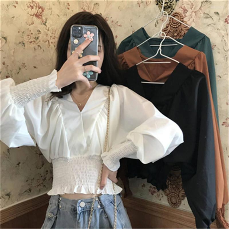 

Women's Blouses Shirts Women Solid V-Neck Lantern Sleeve Casual Loose All-match Temperament Autumn Ladies Korean Style Fashion Student, Green