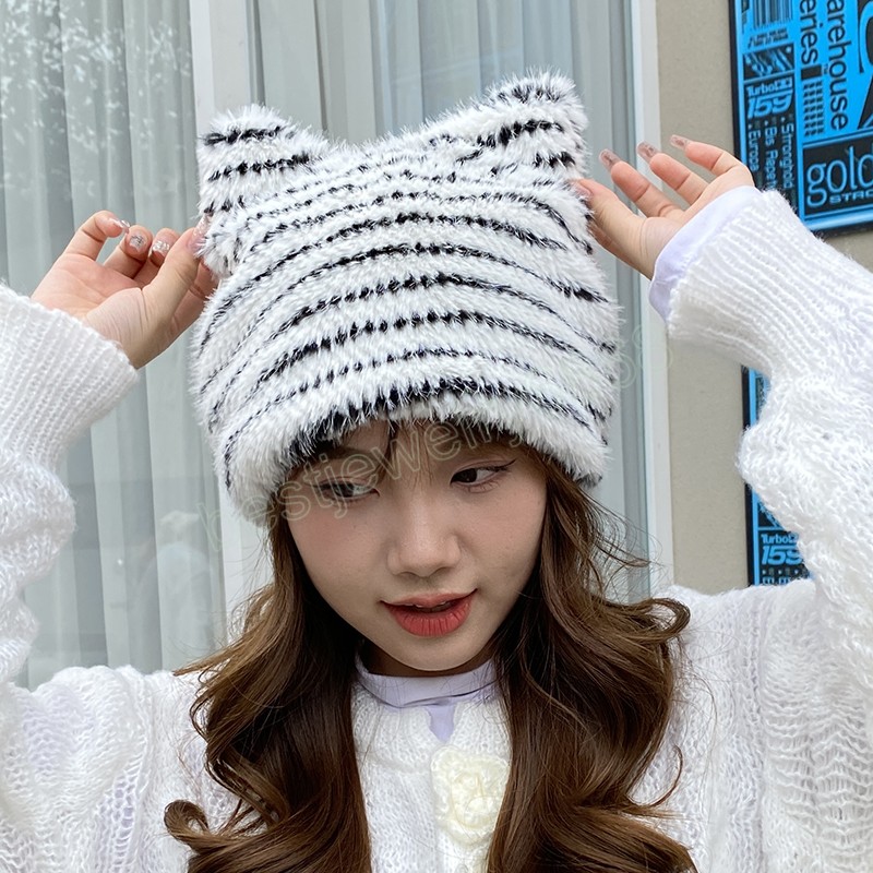 

Cat Ears Fur Hat Women Striped Knitted Winter Warm Hats Bonnets Lady Fashion Casual Kawaii Skullies Beanies