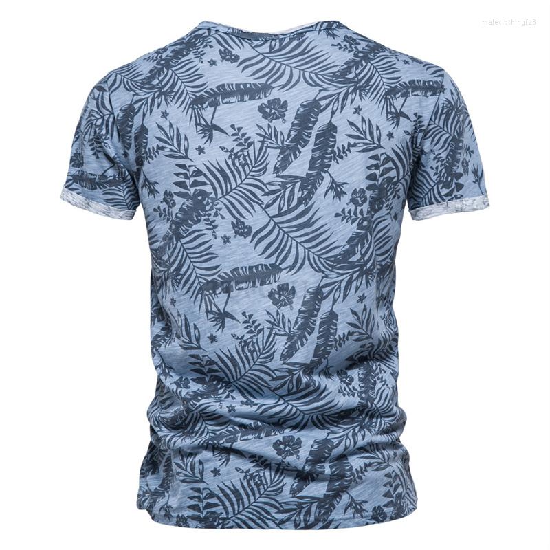 

Men's Polos Men's Printed T-shirt 2022 Summer Cotton Round Neck Leaf Print Beach Sports Men, Blue