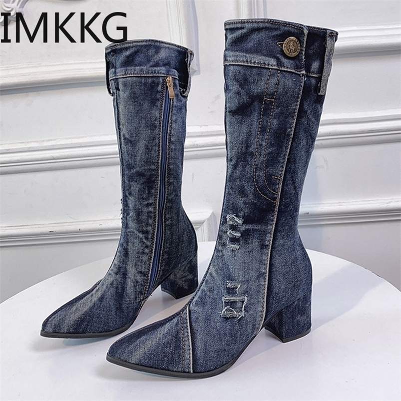 

Boots Women Chunky Denim Mid-Calf Block High Heels Winter Fashion Cowboy Western thick heels shoes 221006, Black