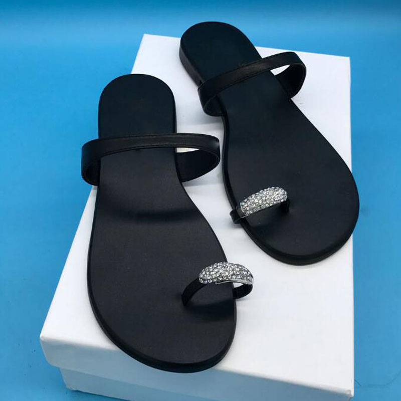 

Women Crystal Design Slippers Sandals Black Shoes Real Leather Cow Leather Flip Flops Free Send Ladies Flat Shoe, Patent leather