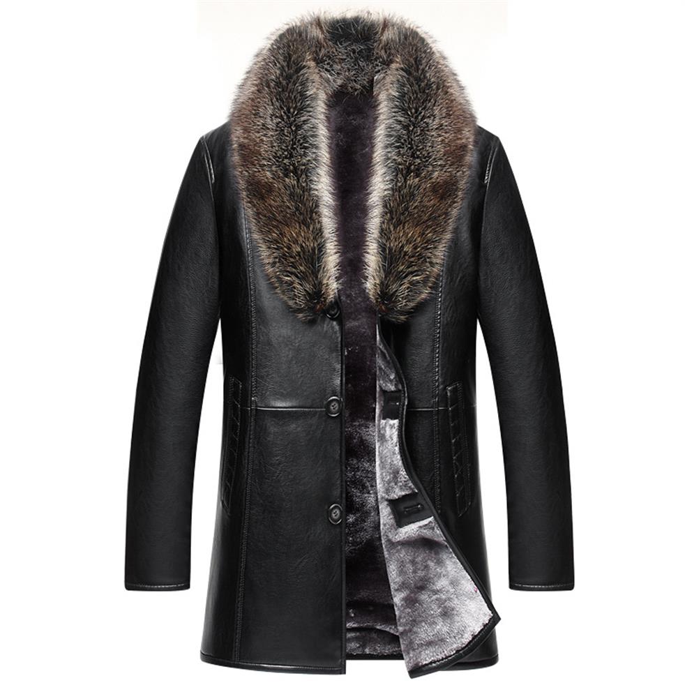 

Mens Winter Leather Jackets Fur Coats  Overcoat Real Raccoon Fur Collar Shearling Warm Outerwear Windbreaker Waterproof266G, Brown