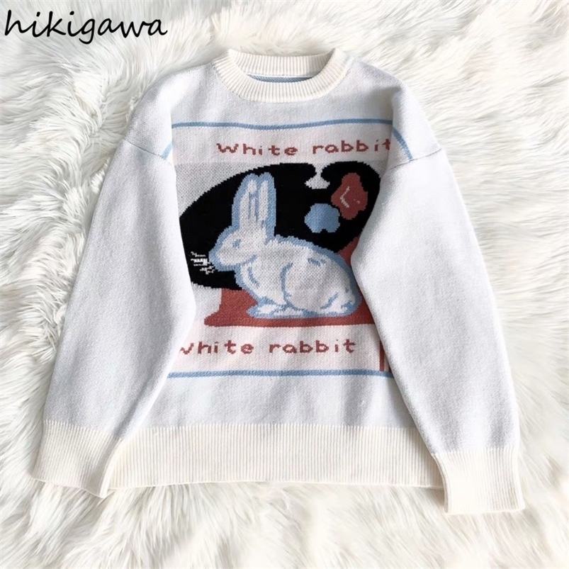 

Women' Sweaters Korean Sweater Jacket Cartoon Jacquard Cute Jumper Y2k Clothes Loose Casual Knit Pullovers Fashion Tops Women Sueter Mujer 221006, White