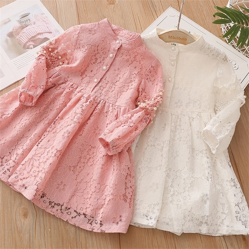 

Girls Dresses Spring Autumn 3 4 6 8 10 to 12 Years Child England Style Princess Pearl Lace Knee Length Kids Baby Girl Long Sleeve Dress 2201006, White