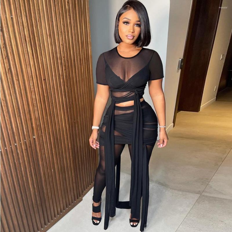 

Women' Two Piece Pants 2022 Mesh See Through Women Set Drawstring Draped Short Sleeve T-shirt And Suit Tracksuit Fitness Outfits, Black