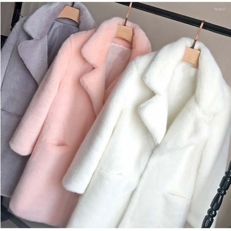 

Women' Fur White/ Grey/ Pink Womens Long Section Fake Plush Sheep Jackets Warm Turn Down Collar Casual Faux Overcoats /6XL D428