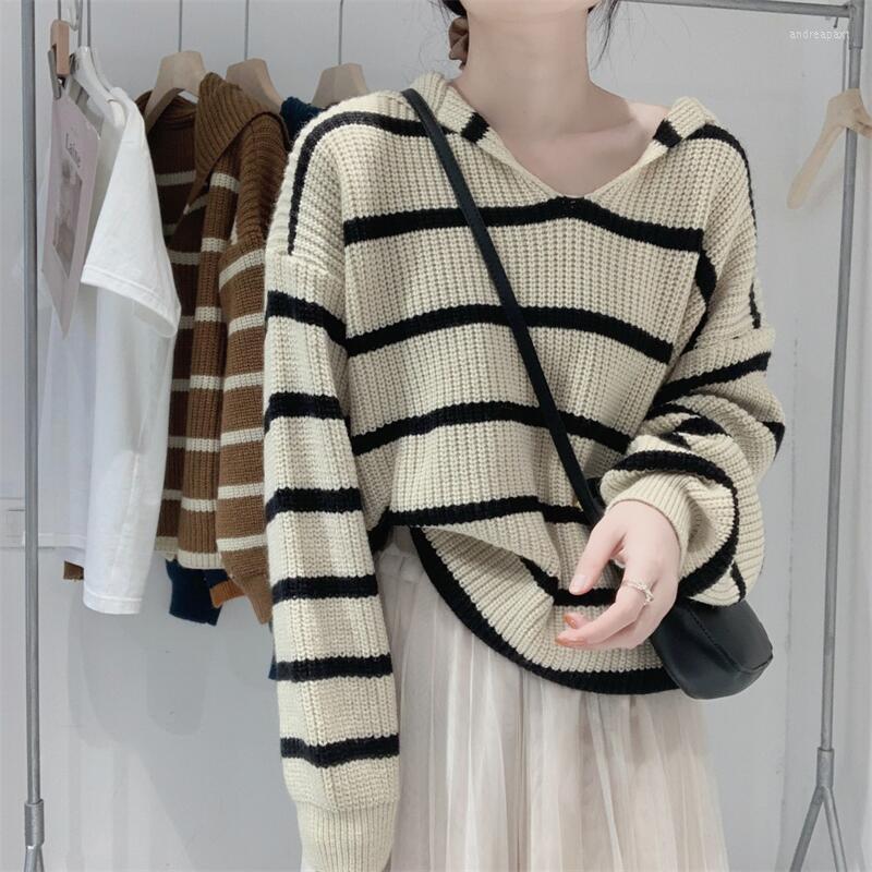 

Women's Sweaters 2022 Autumn Winter Women Casual Knitted Sweater Lady Striped Sailor Collar Long Sleeve Pullovers Female Thick Warm Jumper, Xinse