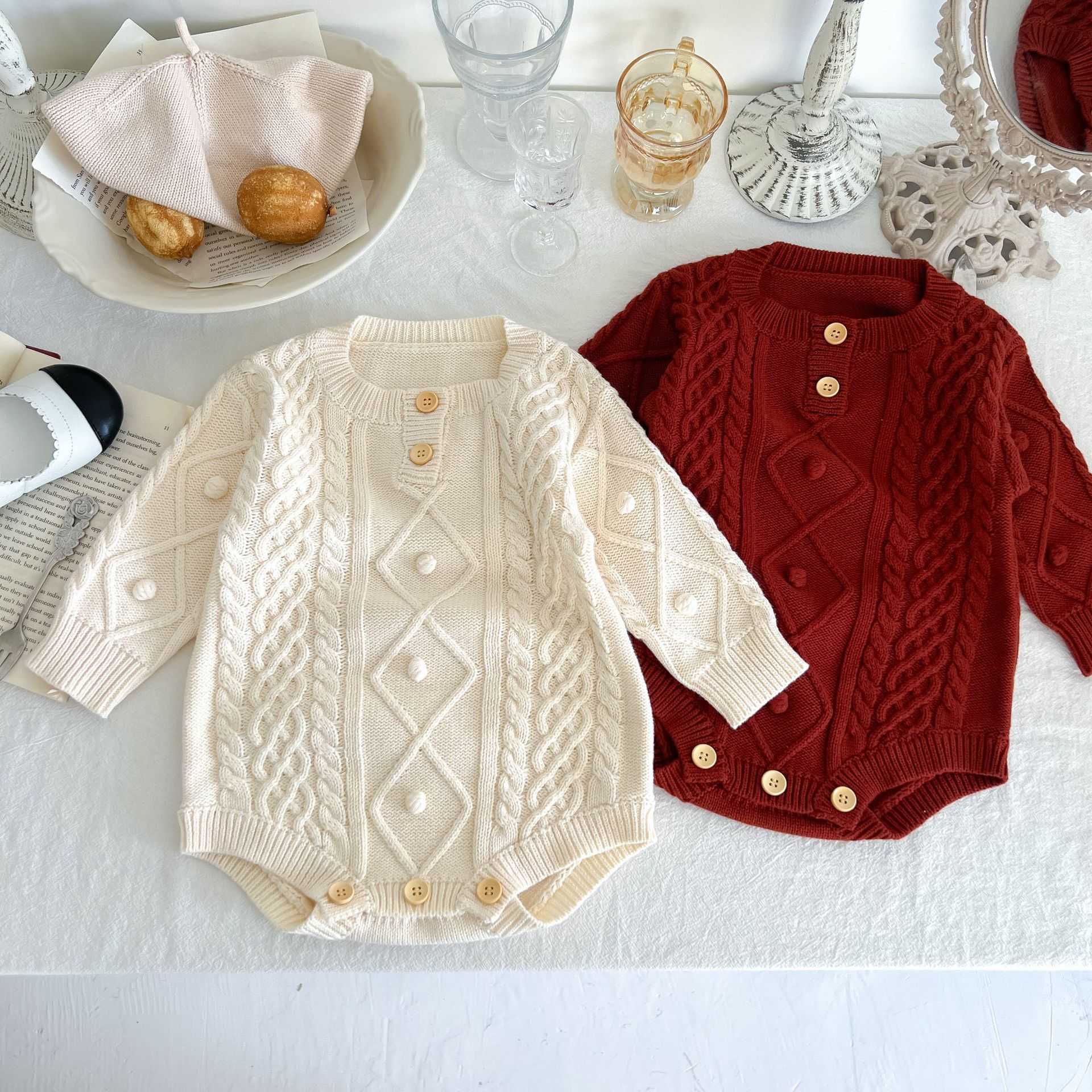 

Rompers 2022 Autumn New Children Knitted Bubble Sweater Romper Girl Toddler Diamond Long Sleeves Jumpsuit Boy Infant Cotton Solid Onesie J220922, White apricot